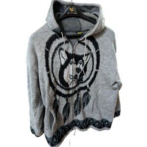 Alpaca Wolf Hoodie Tejido Ruminahui Ecuador Full Zip Sweater Mens Size XL